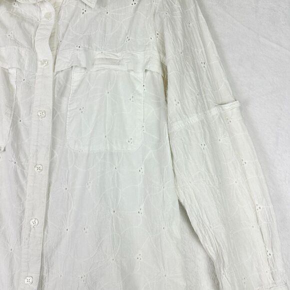 Finley Fishing Shirt White Eyelet Size Small Embroidered Cotton Vented Roll Tab - Picture 4 of 10